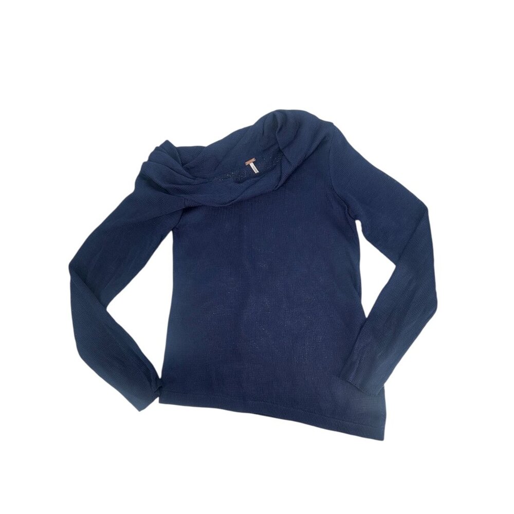 🌊 Free People Navy Blue Cowl Neck Asymmetrical Sweater XL Boho 🌊